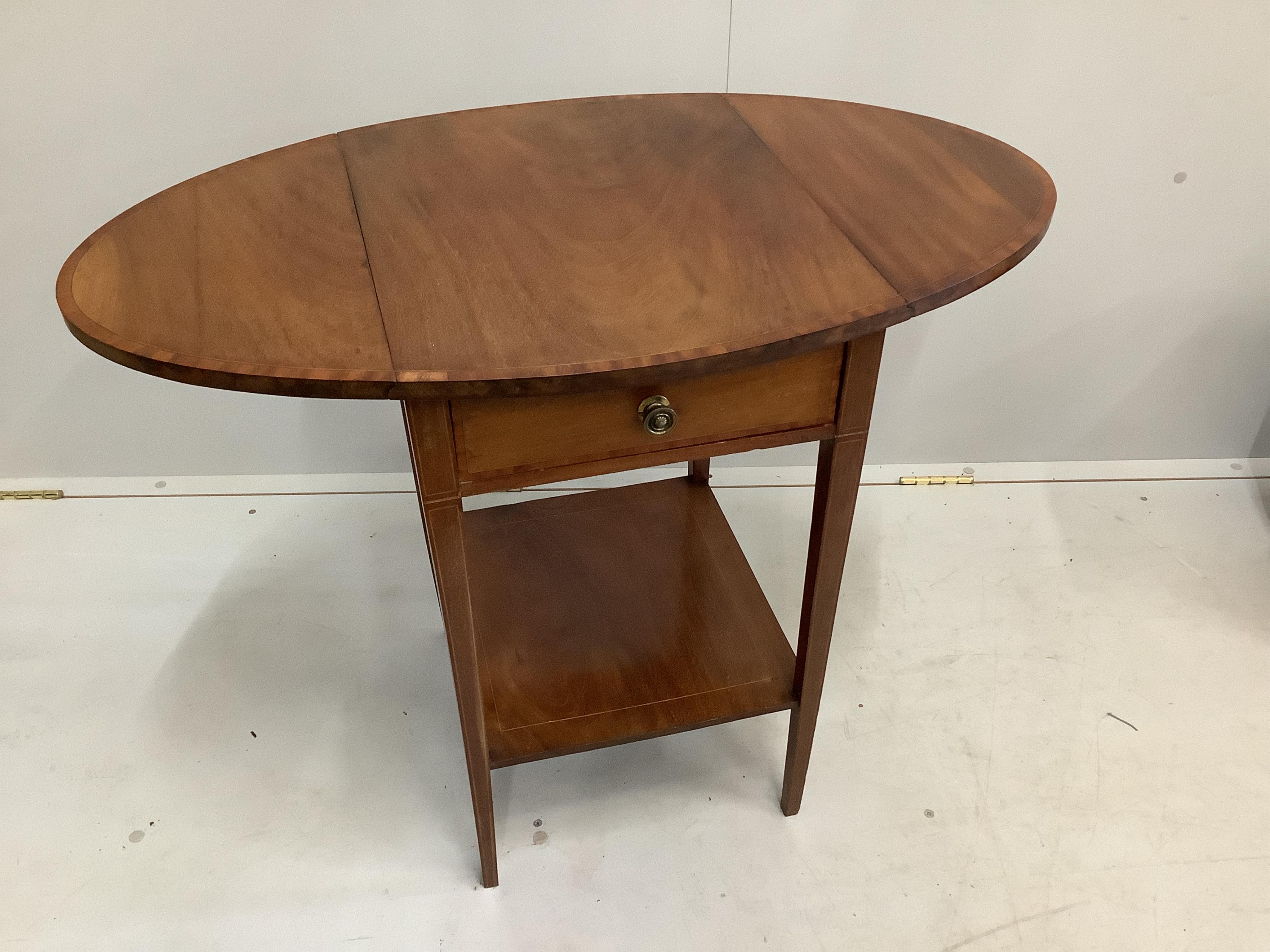 An Edwardian satinwood banded mahogany drop flap two tier occasional table, width 40cm, depth 48cm, height 66cm